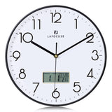 1 x RAW Customer Returns Lafocuse Silent Wall Clock with Calendar Digital LCD, Modern Wall Clock with Date Day of the Week and Thermometer, Black Analog Quartz Clock for Living Room Bedroom Office Kitchen 30cm - RRP €22.55