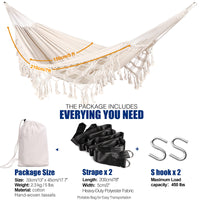 1 x RAW Customer Returns Anyoo Hammock Outdoor Tassels Hammock with Tree Straps, Comfortable and Breathable Cotton Hammock with Carrying Bag for Patio Balcony Yard Garden White - RRP €46.03