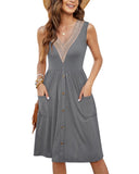 1 x RAW Customer Returns MOLERANI Summer Dress Women Gray Sleeveless Lace V-Neck Casual Dresses Botton Down Elastic Waist Swing Dress with Pocket Gray L - RRP €24.99