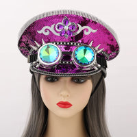 1 x RAW Customer Returns Unisex Sequins Military Captain Hats with Goggles Steampunk Top Hat Festival Halloween Cosplay Costume Caps Purple  - RRP €40.33