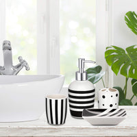 5 x Brand New MUZI Ceramic Bathroom Accessories Set, Modern Design Lotion Bottles, Toothbrush Holder, Tumbler, Soap Dispenser Black and White Striped, 4 Pack  - RRP €131.05