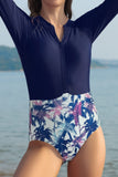 1 x Brand New SHEKINI Women s Long Sleeve One Piece Swimsuit High Neck Adjustable Zipper Swimsuit Sport Surfing Suit Rash Guard Color Block Printed Swimwear XL, Dark Blue  - RRP €33.78