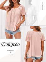 1 x RAW Customer Returns Dokotoo Women Blouse Summer Short Sleeve Tops Lace Hollow Out T-Shirt Casual V-Neck Shirts Tops, Pink, XXL - RRP €35.28