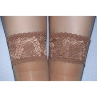 1 x Brand New GOCBOBO Women s Hold-Up Stockings with Non-Slip Silicone Lace Top Sexy Transparent Oily Silk High Socks 8 DEN Brown - RRP €22.8