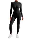 1 x RAW Customer Returns RXRXCOCO Ribbed Long Sleeve Jumpsuits Women with Zipper Tight Round Neck One Piece Tummy Control Sports Yoga Overall Romper Black XL - RRP €31.25