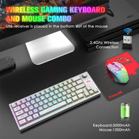 1 x RAW Customer Returns Wireless Gaming Keyboard and Mouse Combo, 64 Keys with Button RGB LED Backlight Keyboard 4000mAh Battery Rechargeable 2400 DPI Rainbow Mute Mouse Mouse Pad for PC Gamer - White - RRP €50.99