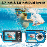 1 x RAW Customer Returns waterproof camera Full HD 2.7K 48MP underwater camera for snorkeling Dual Screen waterproof digital camera with self-timer and 16X digital zoom Blue - RRP €78.67