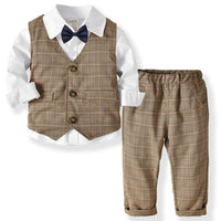 1 x RAW Customer Returns Zoerea 3 Piece Children Boys Clothing Set Shirt with Bow Tie Vest Trousers, Baby Boy Gentleman Wedding Tuxedo Baptism Brown Grid Suit White Outfit, Label 110 - RRP €28.72