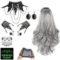 1 x RAW Customer Returns Halloween women s wig, women s wig costume set, gray long wavy curly hair with Gothic necklace, lace bracelets, earrings, stickers with hair net for cosplay, carnival and theme parties - RRP €13.87