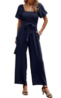 1 x RAW Customer Returns Toplop Jumpsuit Women Elegant Summer Pantsuit with Square Neckline and Belt Short Sleeve Puff Sleeves Wide Trouser Leg 362 Dark Blue Small - RRP €58.68