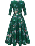 1 x RAW Customer Returns DRESSTELLS women s elegant cocktail dress long sleeve festive party dress mother of the bride dress vintage retro dress round neck 3 4 sleeve cocktail dress with belt Green Flower M - RRP €36.99