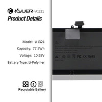 1 x RAW Customer Returns KYUER 77.5Wh A1321 Laptop Battery for MacBook Pro 15 15.4 A1286 Mid 2009 2010 MacBookPro5.3 EMC 2324 2325 2353 MB985LL A MB985F A MB986LL A MC118LL A MC371LL A MC371B A MC372LL A MC373LL A MC373B A - RRP €49.34