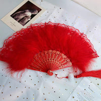 1 x RAW Customer Returns Vintage Style Folding Dance Fan with Lace Tassels Cheongsam Double Side Feather Party Cosplay Costume, Red - RRP €22.8