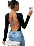 1 x RAW Customer Returns GORGLITTER Body Women s Long Sleeve Bodysuit with Chain Back Bodysuits Backless Bodysuits Festival Outfit Overall Black L - RRP €28.99