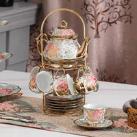 1 x RAW Customer Returns Gold Plated Red Rose Ceramic Tea Set, Vintage Tea Set with Teapot, Beautiful Tea Set Coffee Serving 6 People gilded rose  - RRP €45.6