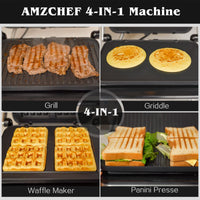 1 x RAW Customer Returns AMZCHEF 2000W 4 in 1 - Electric Grill, Waffle Maker, Panini Plate - 180 Open Optigrill, Adjustable Temperature Electric Grill - Silver - RRP €165.98