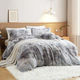 1 x RAW Customer Returns Menkala Plush Bed Linen 200x200 Grey White Warm Winter Longhair Fluffy Duvet Cover Coral Fleece Flannel Fluffy Faux Fur Tie Dye Reversible Bed Linen Set 3 Pieces with Zipper Pillowcases 80x80cm - RRP €59.99