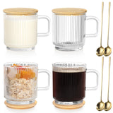 1 x RAW Customer Returns Anhow Set of 4 Coffee Cups, 350ml Latte Macchiato Glasses Vertical Stripes Coffee Glass with Lid and Spoon for Latte Cappuccino Drinks Tea Coffee - RRP €21.99