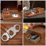 1 x RAW Customer Returns FINEW cigar ashtray coaster with cigar accessories, wooden ashtray with cigar cutter, drawer and cigar slot - cigar accessories set gift for men - RRP €22.99