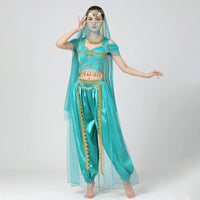 1 x RAW Customer Returns IMEKIS Women s Jasmine Costume Aladdin Princess Cosplay Dress Halloween Dress Up Fancy Carnival Party Outfit Crop Top with Pants Headscarf Arabian Belly Dance Costume Green M - RRP €53.65