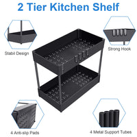 1 x RAW Customer Returns FINEW Under Sink Shelf, 2 Tier Standing Shelf Kitchen Worktop Shelf Organizer with 6 Hooks, Multifunctional Kitchen Shelf Spice Rack Under Cabinet Shelf Sink Cabinet Shelf, Black - RRP €20.16