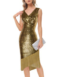 1 x RAW Customer Returns Belle Poque 1920s Dress Women s Cocktail Dress Sleeveless V-Neck Rockabilly Sequin Dress with Fringes Gold XL - RRP €49.99