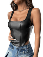 1 x RAW Customer Returns GORGLITTER Leather Tank Top Women Y2k Crop Top With Square Neckline Pu Leather Top Crop Top Sexy Leather Clubwear Black XS - RRP €21.17