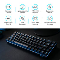 1 x RAW Customer Returns RK ROYAL KLUDGE RK68 Hot-Swappable 65 Wireless Mechanical Keyboard, 65 68 Keys Compact Bluetooth Gaming Keyboard with Standalone Arrow Control Keys, Quiet Red Switch - RRP €69.48