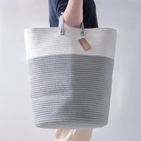 1 x RAW Customer Returns YOUDENOVA Laundry Basket Woven Laundry Collector Toy Storage Storage Basket with Handle Handmade Made of Cotton White Gray - RRP €28.99