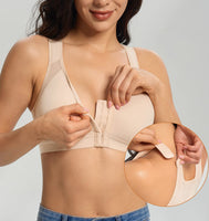 1 x RAW Customer Returns Lemorosy Post-Surgery Bra for Women Plus Sizes with Front Closure Full Cup Soft Fabric Back Support Beige,95E  - RRP €24.78