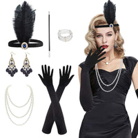 1 x RAW Customer Returns Roontin 8 pieces 20s costume women, 20s accessories flapper Great Gatsby accessories, 1920s accessories with headband gloves necklace bracelet earrings lace folding fan, V2 - RRP €10.99