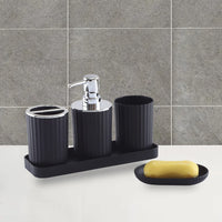 1 x RAW Customer Returns Hosoncovy 5 Piece Bathroom Accessories Set with Soap Dispenser, Bathroom Cup, Soap Dish, Toothbrush and Toothpaste Holder, Storage Tray Black  - RRP €20.4