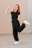 1 x RAW Customer Returns Haloumoning Girls Jumpsuits Kids Fashion Long Pants Girls Summer Short Sleeve Overall Casual Sport Jumpsuit, Black, 12-14 Years - RRP €30.24