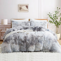 1 x RAW Customer Returns Menkala Plush Bed Linen 135 x 200 cm Gray White Warm Winter Long Hair Fluffy Duvet Cover Coral Fleece Flannel Fluffy Faux Fur Tie Dye Reversible Bed Linen Set 2 Pieces with Zip Pillowcases 80 x 80 cm - RRP €40.33