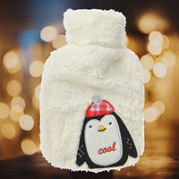 14 x Brand New Hot water bottle with fluffy soft plush cover and cute animal motif embroidery, 28 x 18 cm 0.85 litres penguin  - RRP €246.96