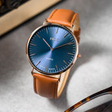 1 x RAW Customer Returns Infantry Men s Wristwatch Leather Strap Watch Brown Men s Watch Analog Quartz Blue Minimalist Men Watches Ultra Thin Dress Business Simple Men s Wristwatch with Genuine Leather - RRP €30.24