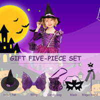 13 x Brand New REIWIDE Halloween Girls Witch Costume Bat Costume Children s Party Witch Purple Dress - Devil Wizard Dress Up Cosplay Costume Candy Bag - Magic Wand - Clothes - Hat 140  - RRP €248.3