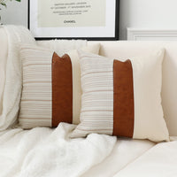 1 x RAW Customer Returns Throw Pillow Covers 16 x16 Farmhouse Cushion Covers Cotton Tan Faux Leather Decorative Pillow Case Set of 2 Khaki Stripe Textured Linen Throw Pillow Cover for Sofa - RRP €17.7