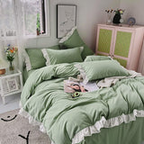 1 x RAW Customer Returns AShanlan Ruffle Bedding 135x200 4-piece Green White Romantic Ruffle Bedding Set Super Soft Microfiber Summer Green Duvet Cover with Pillowcase 80x80 cm Zipper - RRP €60.49