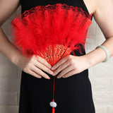 1 x RAW Customer Returns Vintage Style Folding Dance Fan with Lace Tassels Cheongsam Double Side Feather Party Cosplay Costume, Red - RRP €22.8