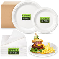 2 x Brand New greensight 150 pieces disposable plates and napkins set, disposable tableware sugar cane white paper plates with 2-ply napkins disposable organic tableware for wedding party - RRP €38.72