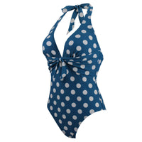 1 x RAW Customer Returns VILOREE Rockbilliy 50s Women s One Piece Swimsuit Swimwear Monokini Halterneck Tummy Control Blue with White Polka Dots-2 L - RRP €28.02