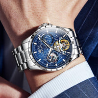 1 x RAW Customer Returns OLEVS Men Watches Starry Sky Moon Phase Dial Mechanical Automatic Winding Stainless Steel Silver Blue Wristwatch Fashion Dress Waterproof Luminous Men Watch - RRP €160.0