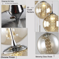 2 x Brand New Euone Clothes LED G4 Glass Ball Pendant Light with Crystal Tassels, Globe Hanging Lamp with Chrome Finish, Chandelier for Villas, Stairs, Living Room Amber, 1-Light  - RRP €99.98