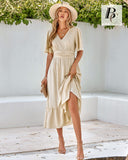 1 x RAW Customer Returns BebreezChic Summer Dress Women Long Boho Elegant Short Sleeve V-Neck High Waist Swiss Dot Ruched Floral Beach Dress Maxi Dress, Beige M - RRP €49.99