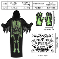 4 x Brand New TOPJOWGA Halloween Skeleton Costume, Glow In The Dark Grim Reaper Costume Children Adults, Halloween Grim Reaper Costume, Face Tattoos, Gloves, Children s Skeleton Costume for Halloween Carnival - RRP €82.56