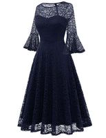 1 x Brand New DRESSTELLS women s cocktail dress 3 4 sleeve round neck knee-length evening dress party midi ball gown lace dress confirmation dresses navy S - RRP €44.36