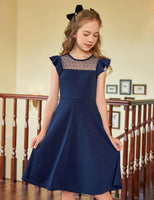 1 x RAW Customer Returns Arshiner Girl s Dress Solid Color Wave Sleeve Mesh A Line Skater Dress Party Dress with 2 Side Pockets Casual Summer Dresses 11-12T Navy Blue 150 - RRP €25.69