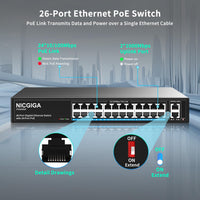 1 x RAW Customer Returns 24 Port PoE Switch Unmanaged, 24 Port PoE 300W, 2 Gigabit Uplink Ports, NICGIGA 26 Port Network Power Over Ethernet Switch, VLAN Mode, 250m Extend, 19 inch RackMount, Plug and Play. - RRP €120.89