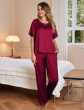 1 x RAW Customer Returns Ekouaer Pajamas Women Satin Short Sleeve Pajamas Set Women 2 Piece Sleepwear Long Pants, Wine Red, S - RRP €29.99